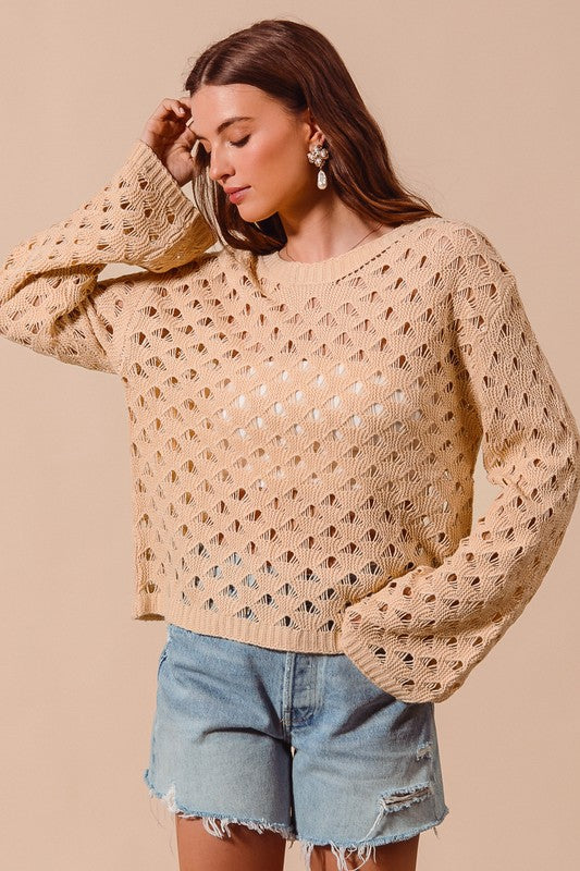 GEOMETRIC PATTERN OPEN KNIT LIGHTWEIGHT SWEATER