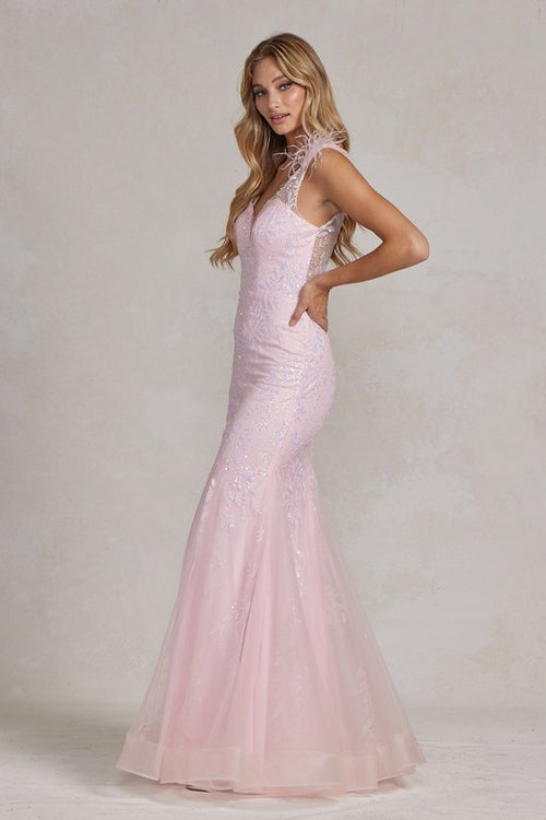 2026 Pink Floral Mermaid Gown w/Feather Accents🤍