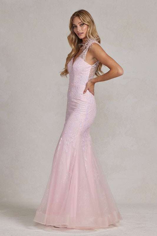 2026 Pink Floral Mermaid Gown w/Feather Accents🤍-Market Grey Boutique