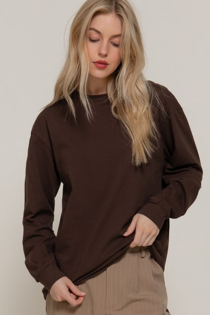 Brown Long Sleeve Round Neck Tee