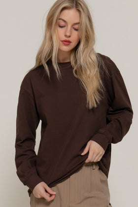 Brown Long Sleeve Round Neck Tee