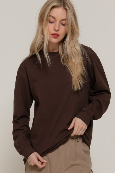 Brown Long Sleeve Round Neck Tee