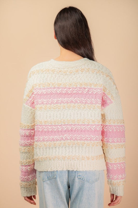 Multi Color Textured Knit Sweater Cardigan