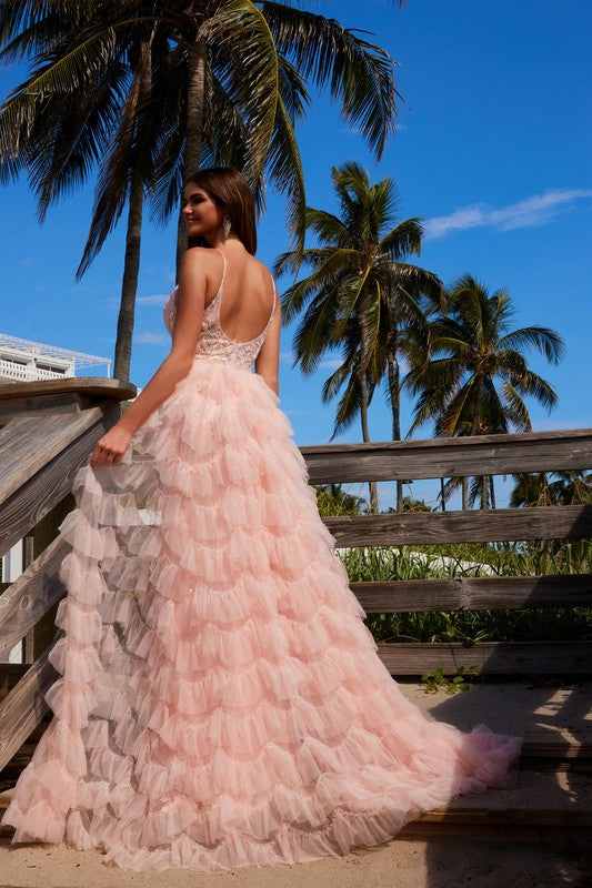 2025 PINK IRIDESCENT SEQUIN APPLIQUE RUFFLE GOWN🤍-Market Grey Boutique