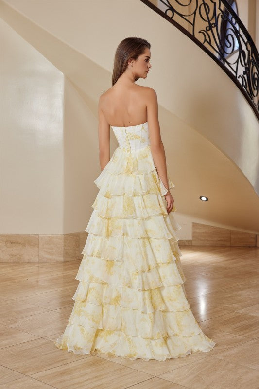 Preview Only - 2026 Yellow Print Chifon Strapless Layered Gown🤍