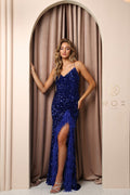 Preview only -  2026 ROYAL BLUE FEATHER ACCENT VELVET SEQUIN 🤍GOWN