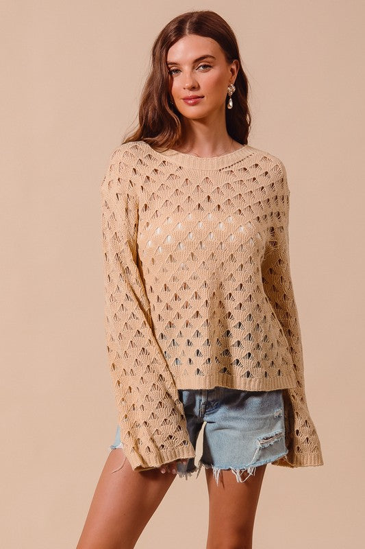 GEOMETRIC PATTERN OPEN KNIT LIGHTWEIGHT SWEATER