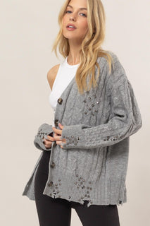Studded Distress Knit Cardigan