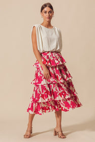 FUCHSIA FLORAL PLEATED MIDI SKIRT