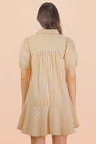 Cappuccino Cream Striped Puff Sleeve Mini Dress-Market Grey Boutique