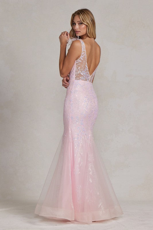 2026 Pink Floral Mermaid Gown w/Feather Accents🤍-Market Grey Boutique