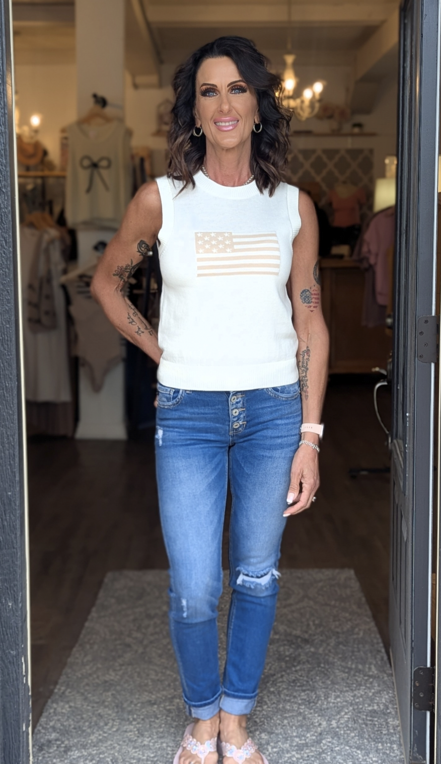 Taupe Graphic USA Flag Sweater Tank