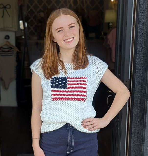 American Flag Crochet Knit Sweater Top