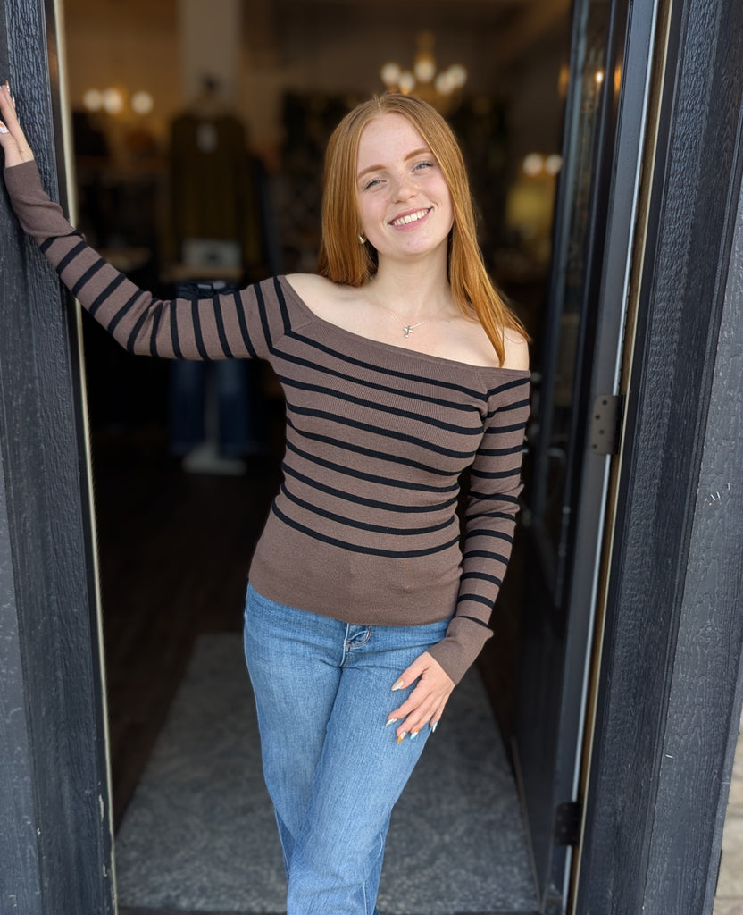 Juniors - Brown/Black Stripe Off Shoulder Sweater