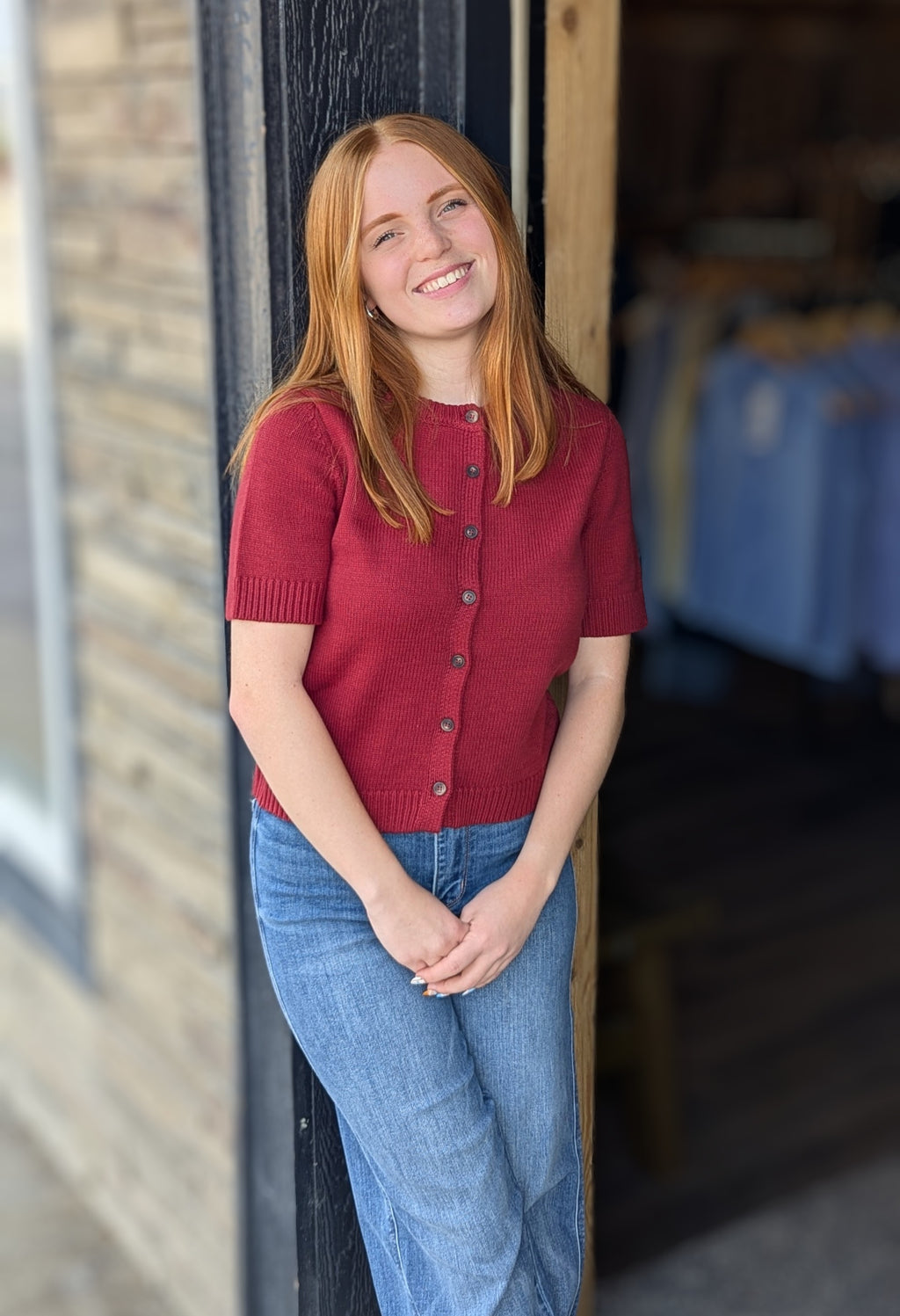 Juniors Burgundy Short Sleeve Button Down Cardigan