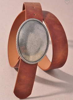 Silver/Cognac Western Oval Buckle Faux Leather Belt