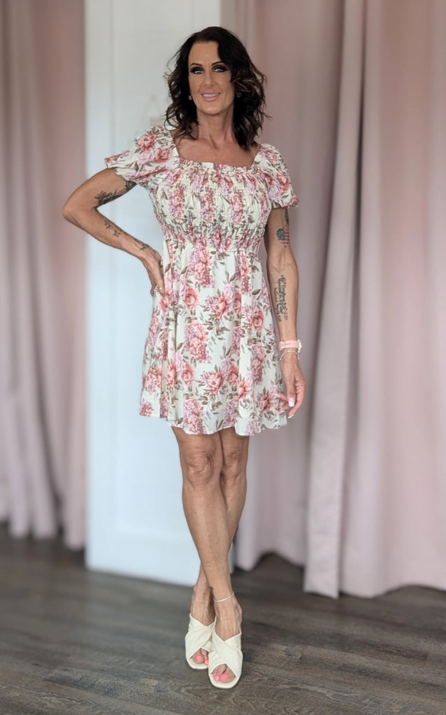 Smocked Floral Puff Sleeve Mini Dress