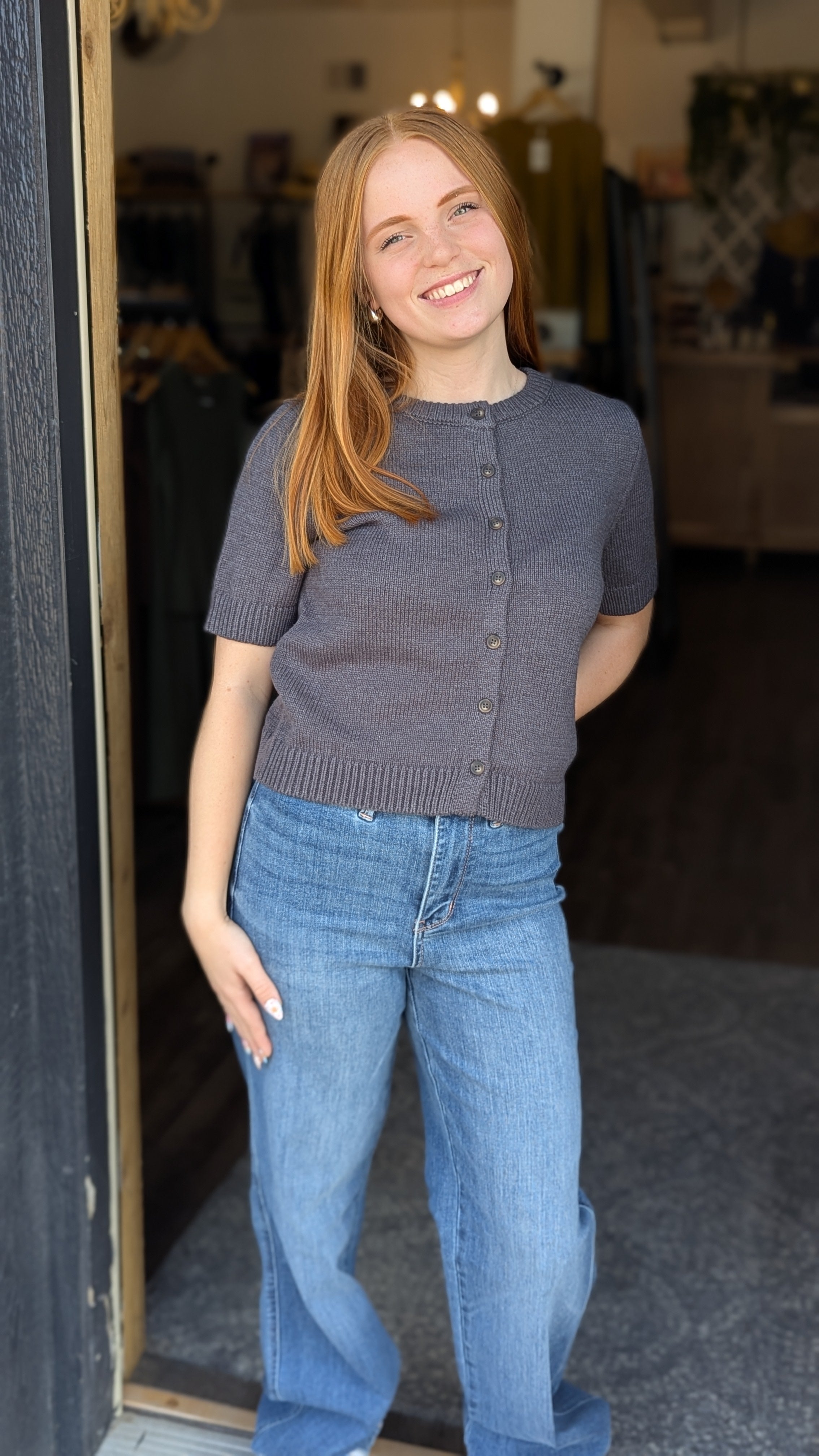 Juniors - Dark Grey Short Sleeve Button Down  Cardigan